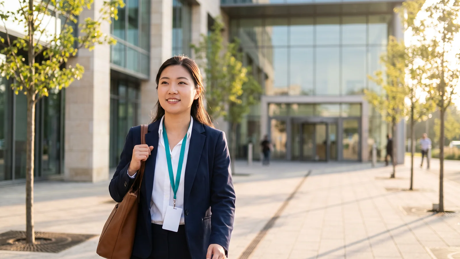 Smiling young professional in a navy blazer with a teal lanyard and leather shoulder bag walking past a modern glass medical office building in morning sunlight