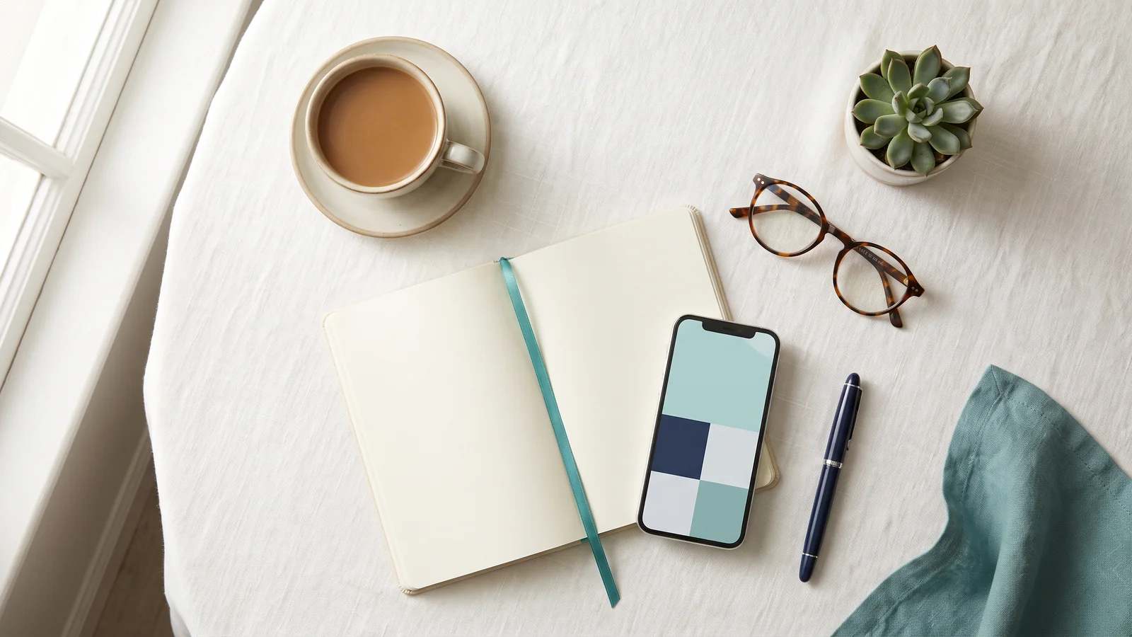 Overhead view of a calm morning desk with coffee, an open notebook with a teal ribbon, a smartphone showing an abstract teal and navy layout, reading glasses, a navy pen and a small succulent